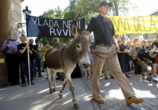 Protestující si přivedli i živého osla.