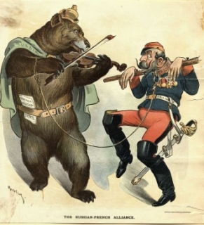 Strach z ruských aliancí. Na karikatuře rusko-francouzská (1890).