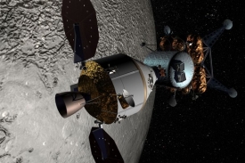 Kosmická loď Ares nad Měsícem. Zatím pouze v představě výtvarníka.