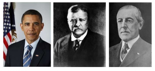 Prezidenti USA s Nobelovými cenami za mír: Obama, Roosevelt a Wilson. 