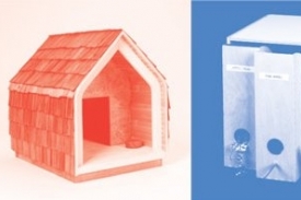 Architekti vytvořili pro výstavu psí boudy a ptačí budky.