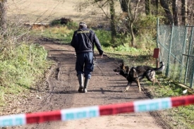 Policista se psem prochází okolí místa, kde byl Tauchen dopaden.