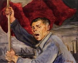 Revolucionáře s rudou vlajkou namaloval Josef Schlesinger.