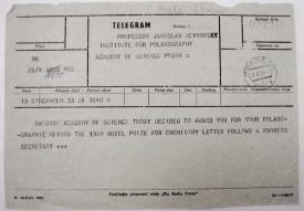 Telegram oznamující Heyrovskému, že získal Nobelovu cenu.
