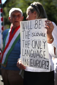Demonstrace Maďarů proti slovenskému jazykovému zákonu.