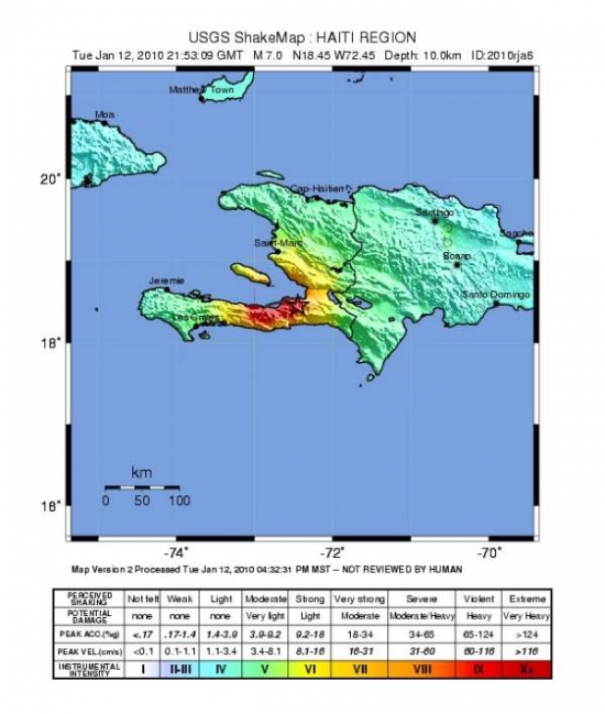 Úterní mapa amerických geologů s údaji o zemětřesení.