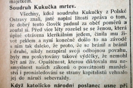 Zpráva o smrti soudruha Kukučky.