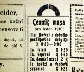 Ceník masa z počátku roku 1910.