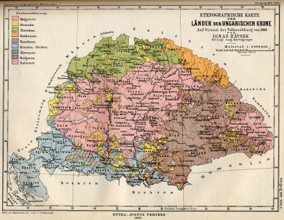Země maďarské koruny roku 1885. Slováci na mapě zelenou barvou.
