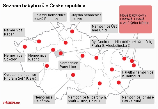 Seznam babyboxů v Česku.