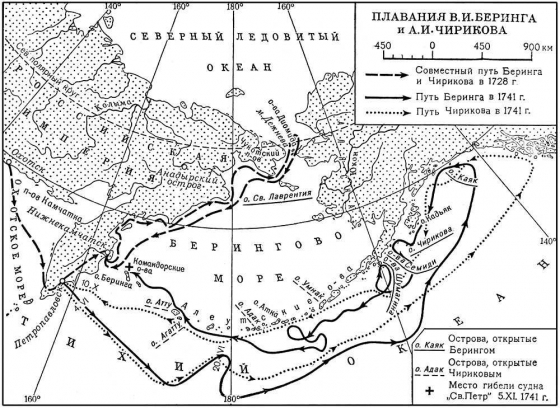 Mapa Beringových výprav včetně jím objevených ostrovů.