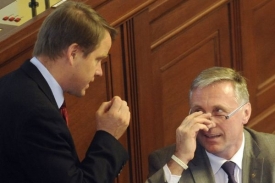 Martin Bursík diskutuje s Mirkem Topolánkem ve sněmovně.