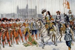 Karel II., král anglický, skotský a irský, se svými jednotkami.
