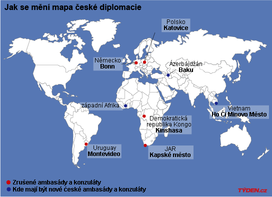 Mapa nových diplomatických zastoupení.