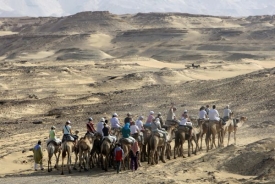 Karavana s turisty v poušti na jihozápadě Egypta.