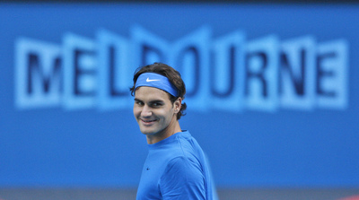 Modrá s modrým. Federer při tréninku v Melbourne.