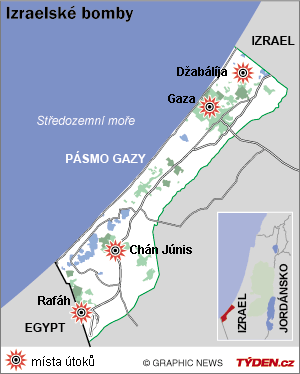 Mapa izraelských cílů v Gaze.