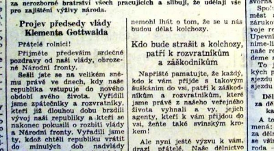 Projev premiéra a šéfa KSČ Gottwalda o kolchozech.