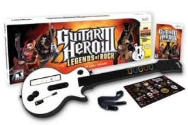 Bezdrátový ovladač ve tvaru kytary a rockové pecky, to je Guitar Hero.