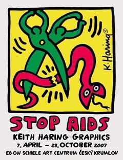 Plakát k výstavě tvoří Haringův obrázek pro kampaň proti AIDS.