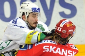 Momentka z hokejového zápasu Karlovy Vary - Slavia.