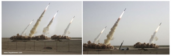 Upravená fotografie (vlevo). Namísto tří startují čtyři rakety.
