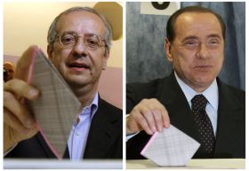 Poražený Veltroni (vlevo) a vítězný Berlusconi.