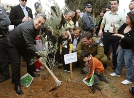 Ehud Barak sází v rámci předvolební agitace strom.