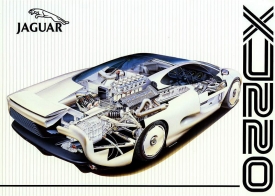 Pokojová klasika devadesátých let. Jak jinak znázornit technickou vyspělost nejrychlejšího Jaguaru, než rentgenovou kresbou? Přesněji jeho prototypu, sériový vůz měl o polovinu válců méně.