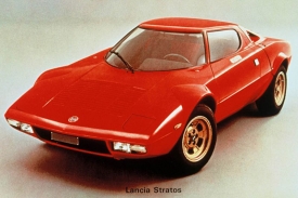 Nejslavnější sportovní lancia, model Stratos s motorem Ferrari uprostřed z roku 1973.