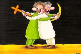 Bratrské soužití v Bosně - s nožem za zády (karikatura).