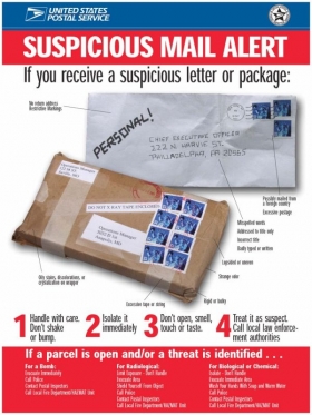 Varovný plakát americké pošty před nebezpečnými zásilkami.