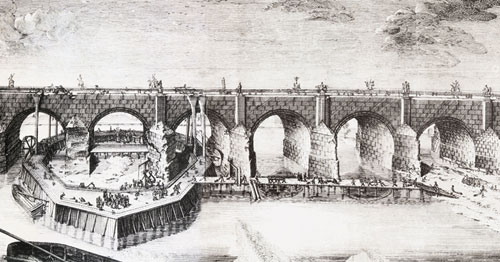 Rytina ze 16. století ukazuje, jakým způsobem se mosty opravovaly. Okolo poškozených pilířů byl vytvořen z dřevěných kůlů a hlíny neprodyšný násep, z jehož středu se odčerpala voda. Vzniklý pracovní prostor byl se břehem spojen dřevěnou lávkou