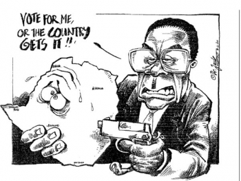 Volte mě, nebo to schytá... Karikatura Mugabeho s mapou Zimbabwe.
