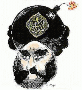 Nejznámnější karikatura Mohameda s bombou místo turbanu.