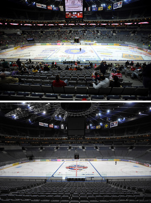 Nahoře snímek plochy z extraligovéhio zápasu, dole před duely NHL.