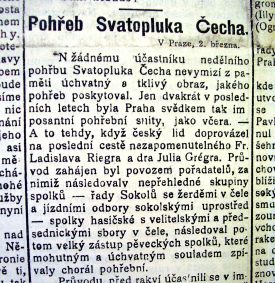 Noviny o pohřbu Svatopluka Čecha.