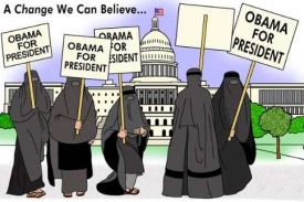 Jedna z mnoha karikatur varujících před Obamovým mulimstvím.