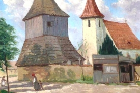 Malín na obraze ze 40. let 20. století: zvonice a sv. Štěpán.