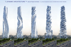 Pět fází rotace dynamické věže, která má vyrůst v Dubaji.