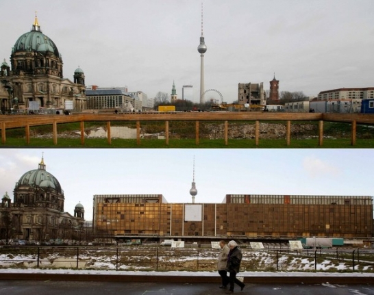 Východní Berlín s palácem a bez paláce.