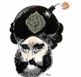 Karikatura proroka Mohameda s bombou na hlavě místo turbanu.