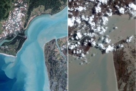 Satelitní snímky části delty Iravadi před a po cyklonu.
