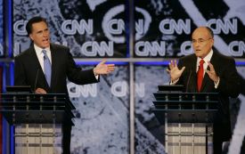 MItt Romney (vlevo) a Rudolph Guliani při debatě