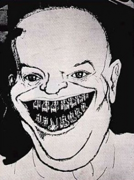 Prezident USA Eisenhower, zuby jako elektrická křesla. Karikatura.