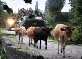 Ruská vojenská kolona na postupu. Abcházie.