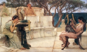 Sapfó (vlevo) na obraze holandského malíře Lawrence Alma-Tademy.
