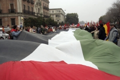 Demonstranti proti NATO ve španělské Seville nesou obří palestinskou vlajku.