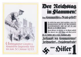 Letáky nacistů k volbám 1933 - motiv hořícího Říšského sněmu.