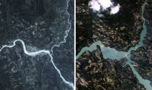 Satelitní snímek Tchang-ťia-šanu před zemětřesením a po něm.